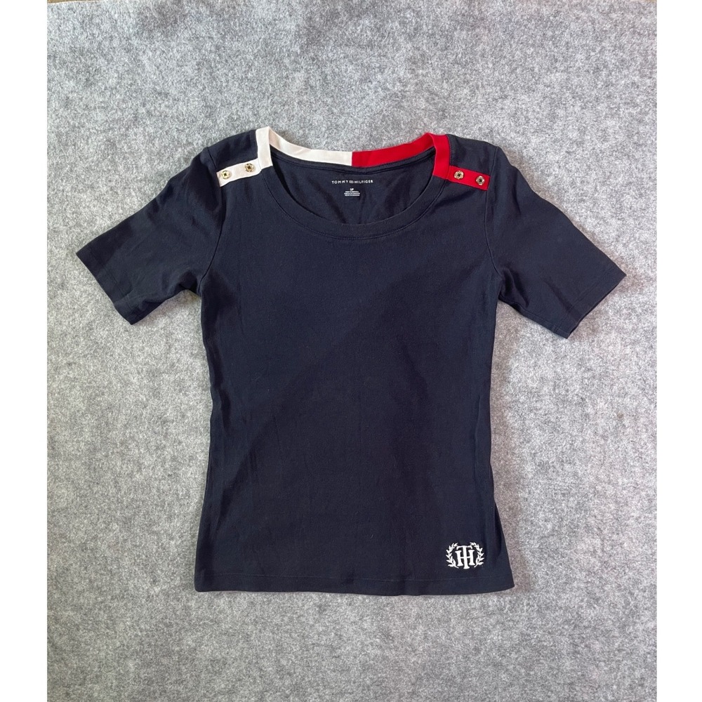 Tommy‎ Hilfiger Womens Navy Blue Scoop Neck Top Red White Trim Gold Buttons S